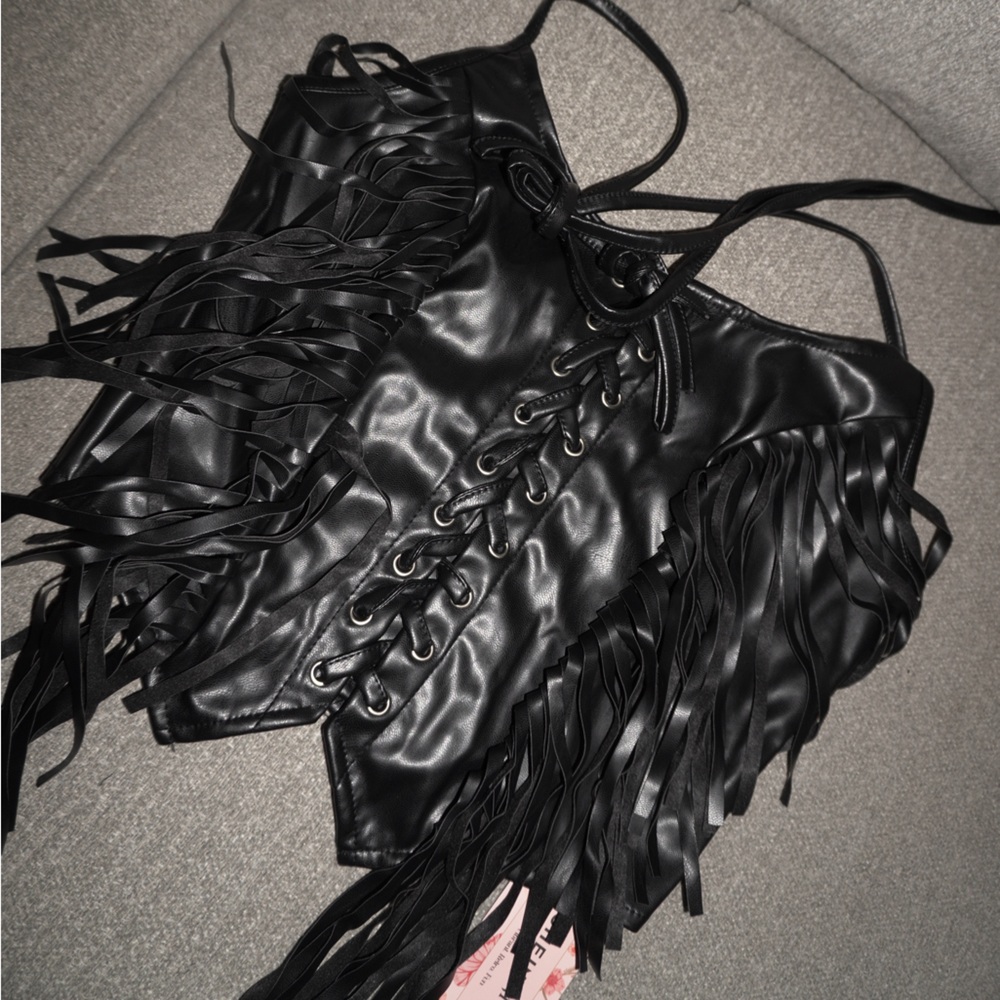 Black Leather Fringe Top